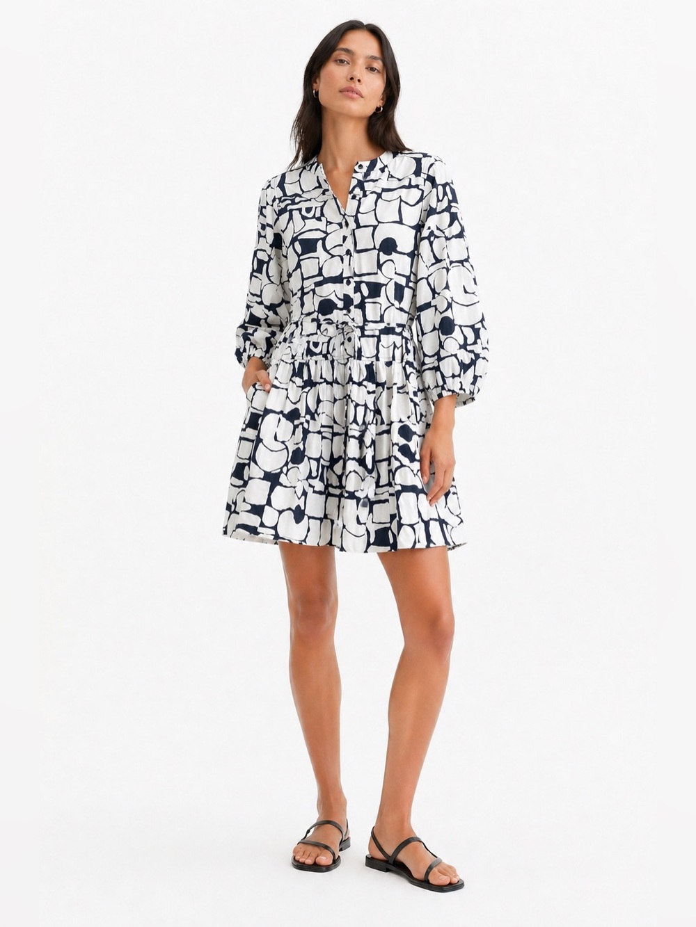 Apiece Apart NWT XL White Navy Abstract Print Cotton Mini Dress Boho Minimalist